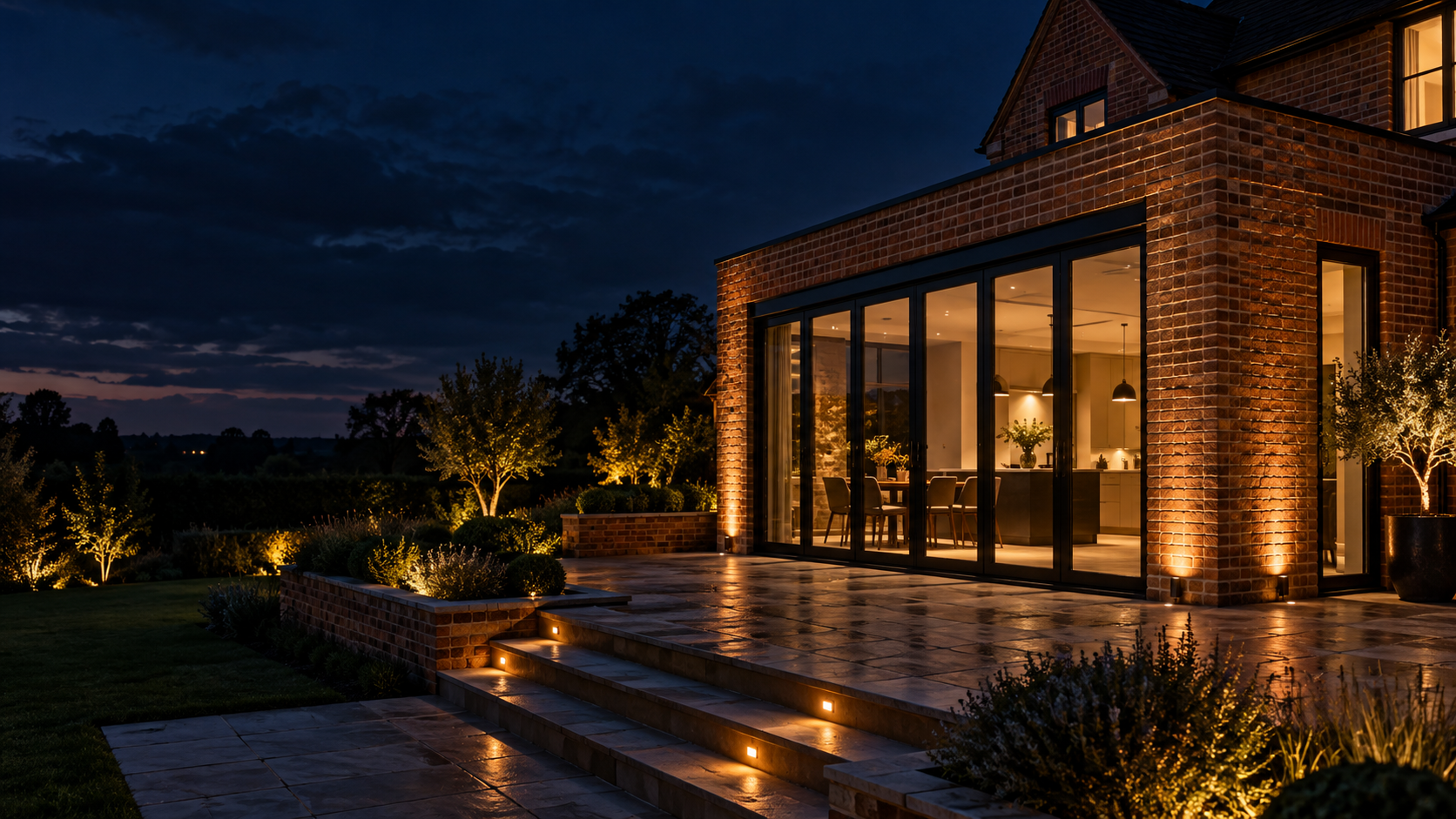 Illustrative modern brick home extension at dusk