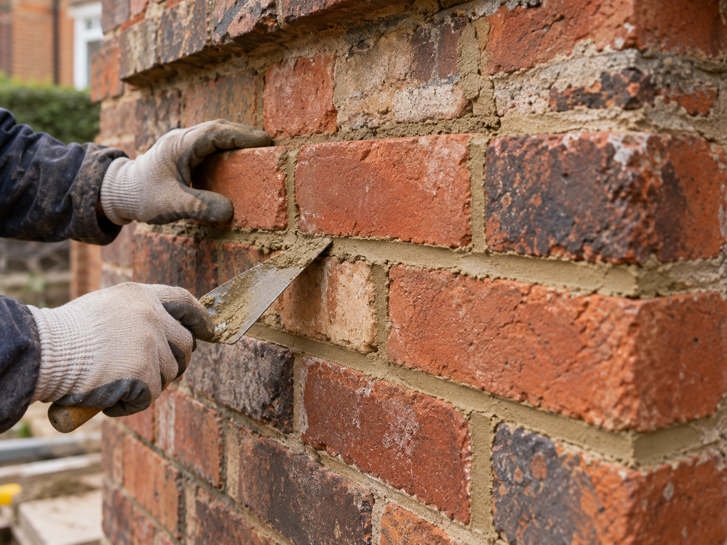 Close-up of skilled brickwork repair